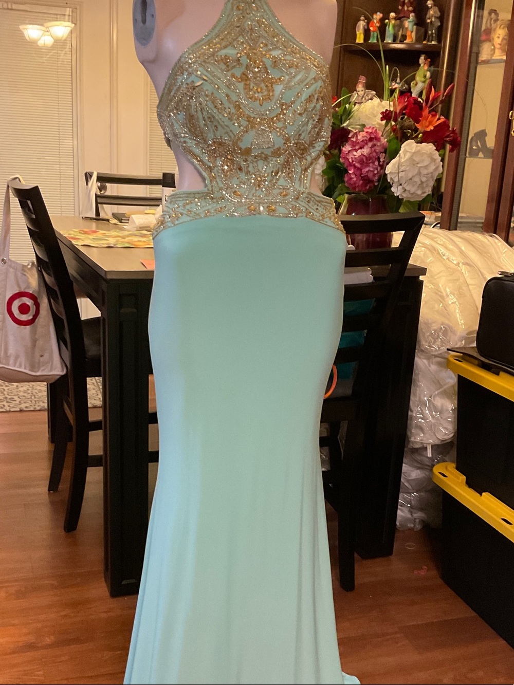 Nina Canacci Mint Gown with Gold Beaded Bodice